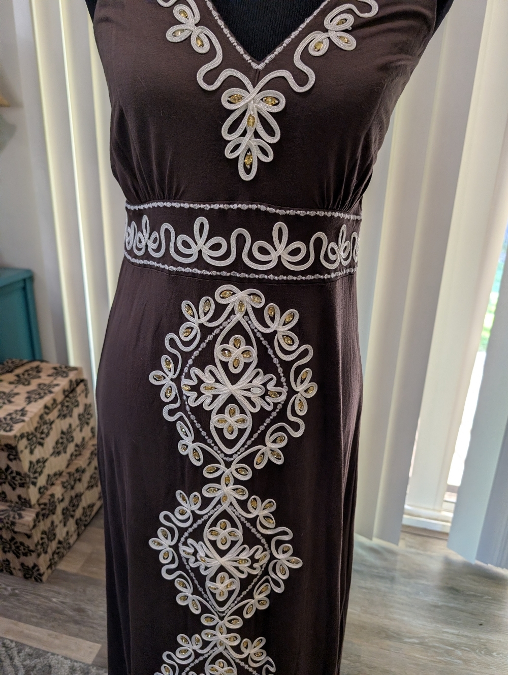 INC Chocolate Brown Maxi Dress with White Stitch and Gold Jewel Details - Picture 2 of 6